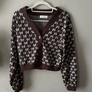 Doe & Rae Chocolate Brown Cardigan with White Bow Pattern